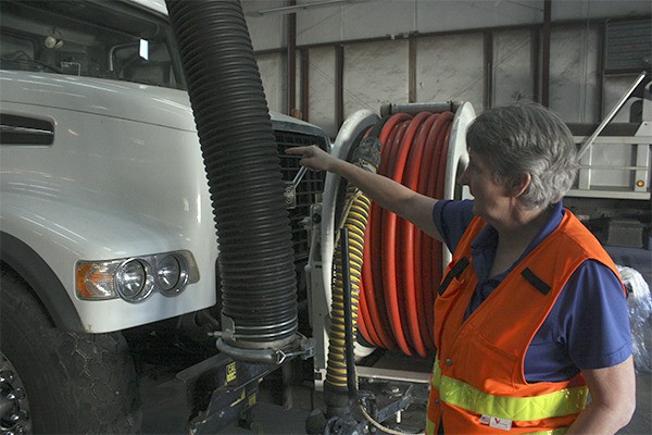 Sammamish Plateau Water & Sewer District spokesperson Janet Sailer describes the vactor trucks large