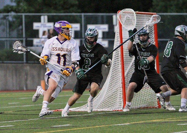 The Issaquah Eagles boys lacrosse team defeated the Skyline Spartans 13-7 on May 6 at Gary Moore Stadium in Issaquah in a battle between lacrosse rivals. Kyle Wisler scored a game-high four goals for Issaquah in the win. Ryan Egland added three goals as well. Jake Gonzalez