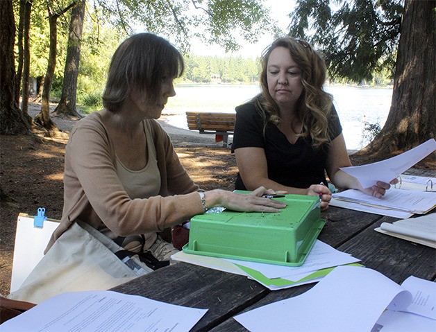 Teacher Karen Stillwell (left) demonstrates how students attending the outdoor school