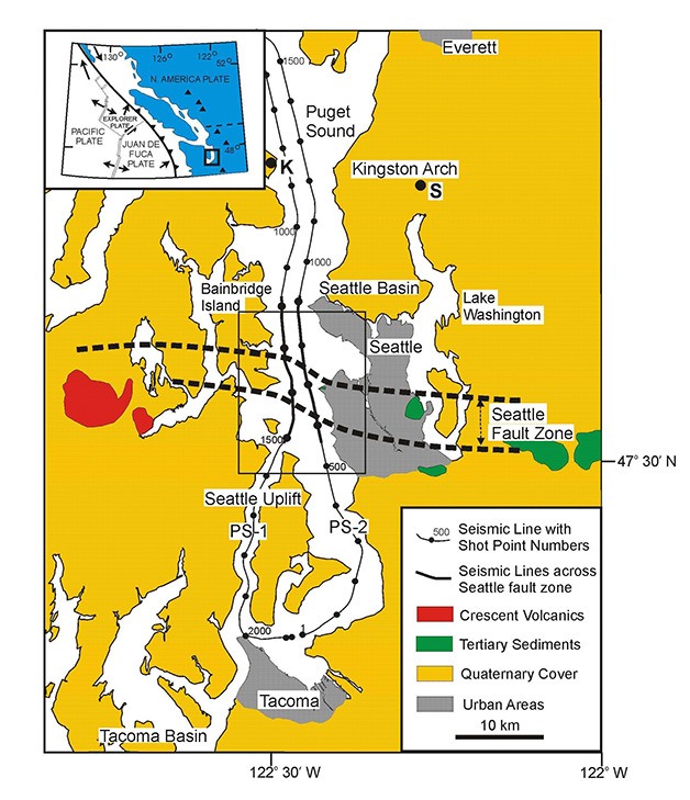 A seismic map of the Puget Sound region. The Seattle Fault Zone runs parallel to Issaquah's stretch of Interstate highway 90.