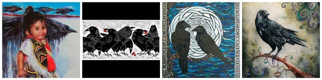 Artwork: “Little Raven” by Lydia I. Sutton; “Squabbling Ravens” by Dona Read; “Night Watch” by Mary Ellen Bowers; and “Of Corvids & Key Holes” by Braden Duncan.