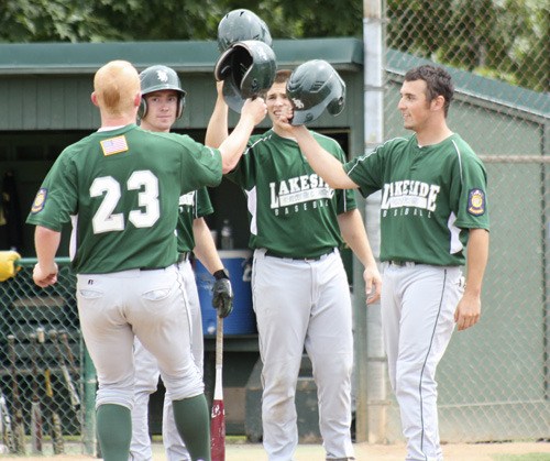 Lakeside's Brandon Mahovlich is greeted at home plate by Connor Gilchrist