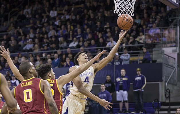 University of Washington Huskies men’s basketball player Matisse Thybulle drives to the hoop in a contest during the 2015-16 season. Thybulle