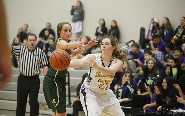 Issaquah sophomore Ellen MacNary unleashes a pass toward a teammate against the Redmond Mustangs on Jan. 30 in Issaquah.