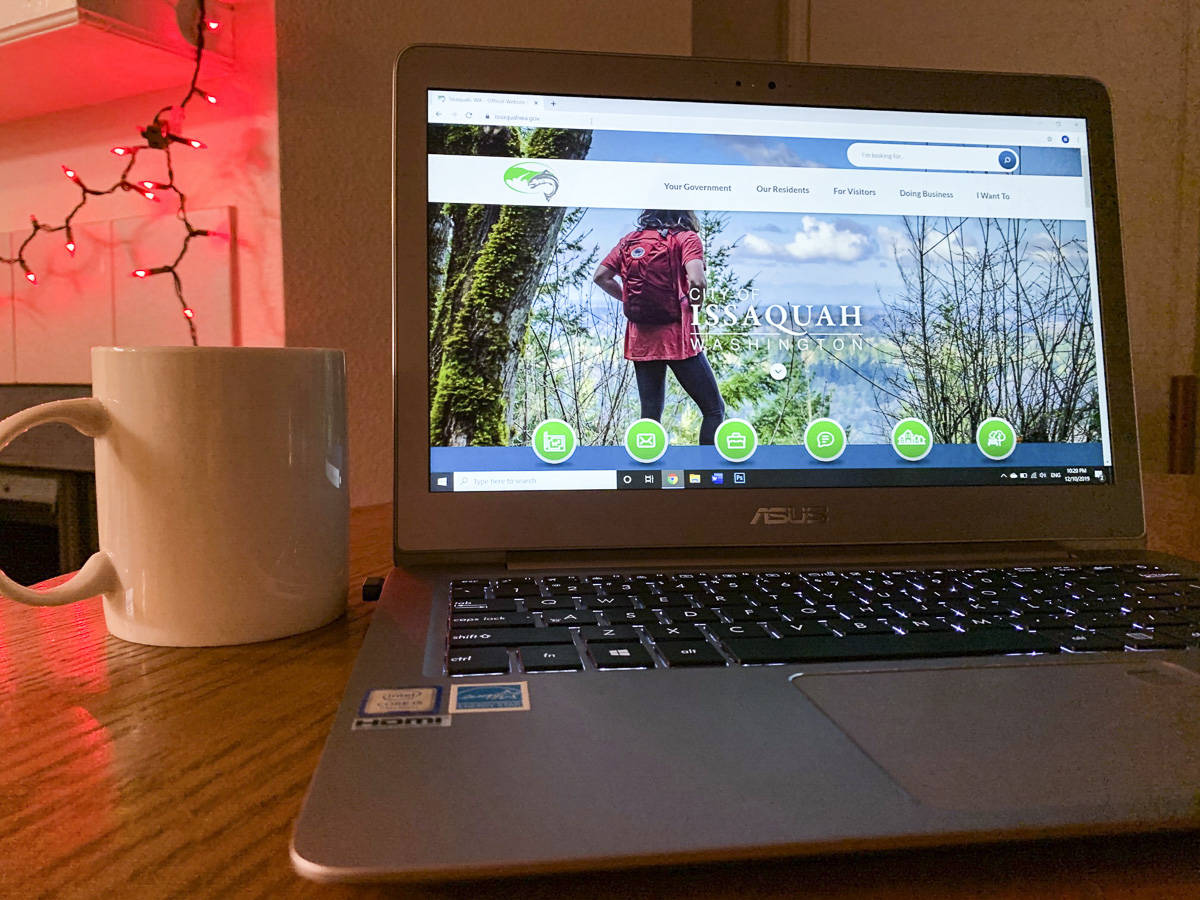 Issaquah’s new website, launched Dec. 5, on a laptop. File photo.