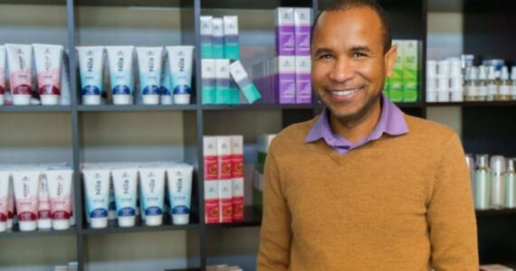 Bachir Abba stands by some of his natural Morgan Cosmetics products. Courtesy photo