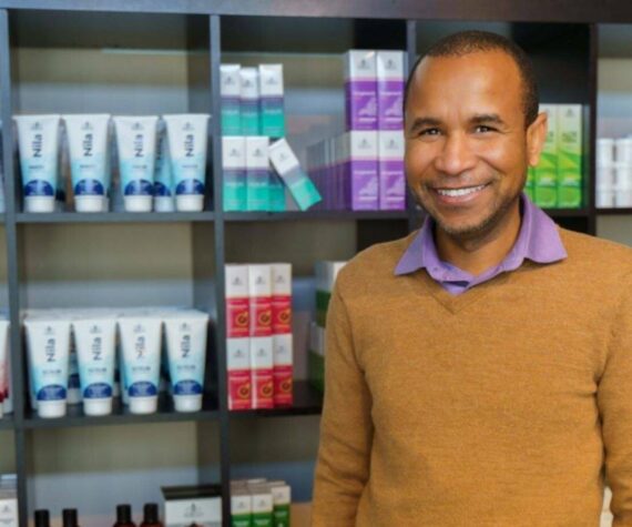 Bachir Abba stands by some of his natural Morgan Cosmetics products. Courtesy photo